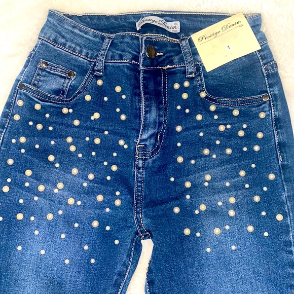 Pearls Beaded High Waist Skinny Jeans. High Stretch. - Picture 2 of 4